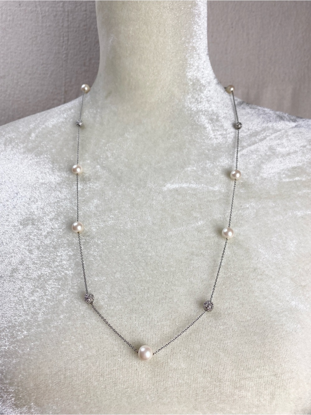 Trifari Silver tone Pearl and clear rhinestone station Necklace